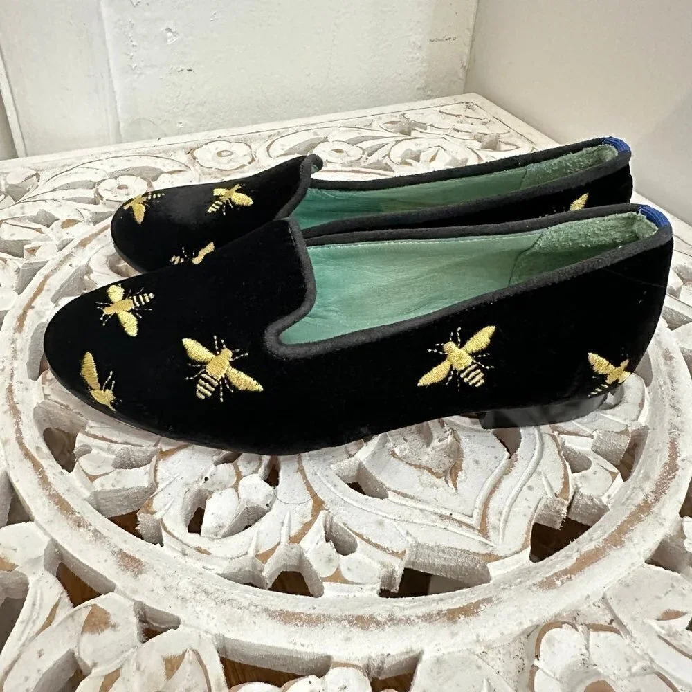 Blue bird gold embroidered bee black velvet smoking loafer